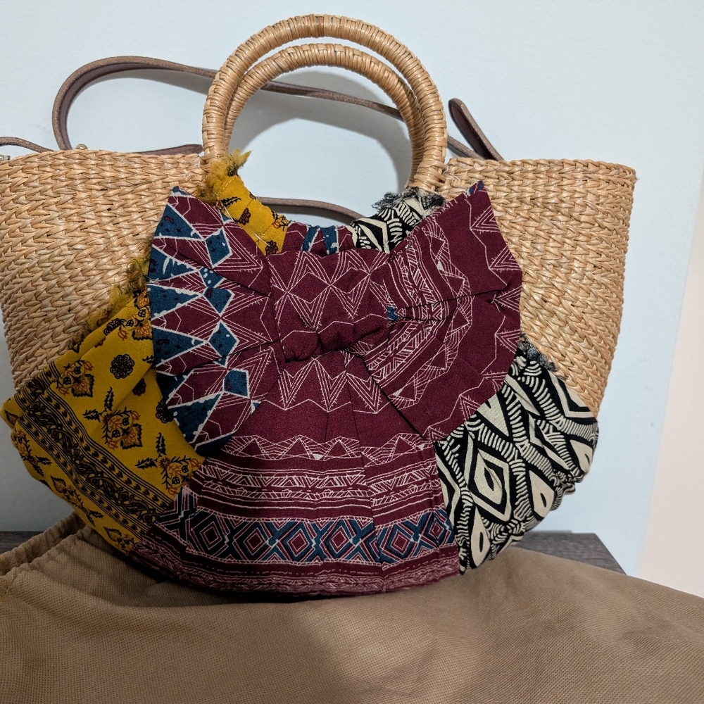 Patricia Nash Tan and Black Tote Bag with Artistic Patchwork Design